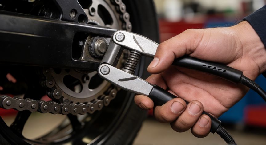 como cambiar el kit de arrastre de una moto 125z, Herramienta para desmontar cadena de moto en taller mecánico