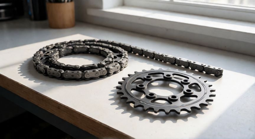como cambiar el kit de arrastre de una moto 125z, Kit de arrastre nuevo para moto con cadena y piñones sobre mesa de trabajo