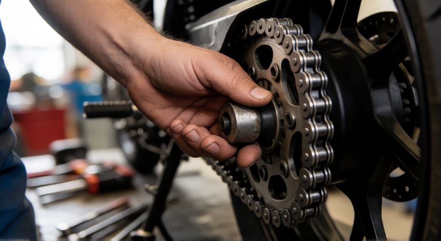 como cambiar el kit de arrastre de una moto, Mecánico instalando una cadena nueva en la corona trasera de una motocicleta