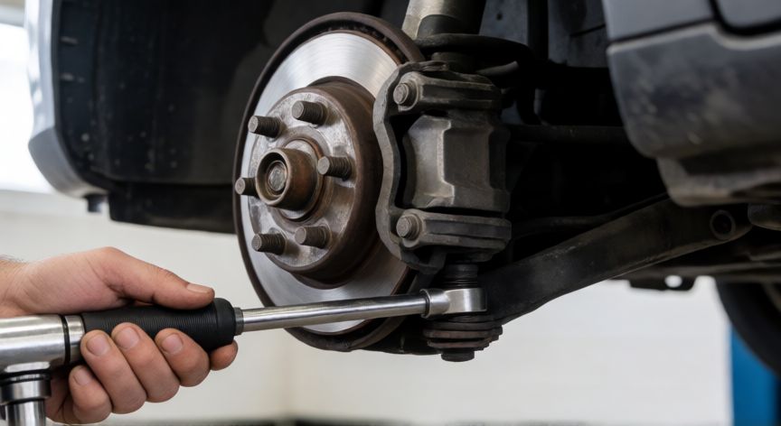 como cambiar el kit de varillaje del aveo, Mecánico ajustando el tirante de dirección con llave dinamométrica en un Opel Aveo