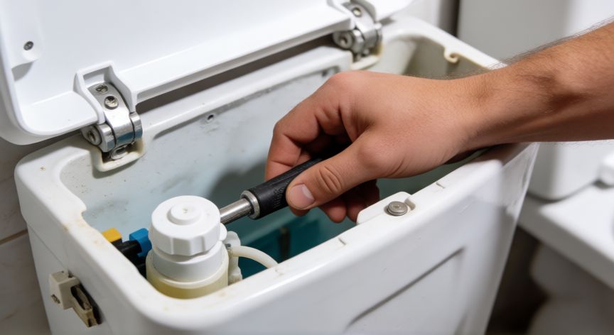 como cambiar el kit del tanque del baño, Manos realizando el mantenimiento interno de una cisterna de cerámica blanca