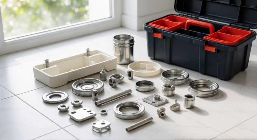 como cambiar el kit del tanque del baño, Kit de repuesto nuevo para mecanismo de cisterna sobre suelo de azulejos blancos