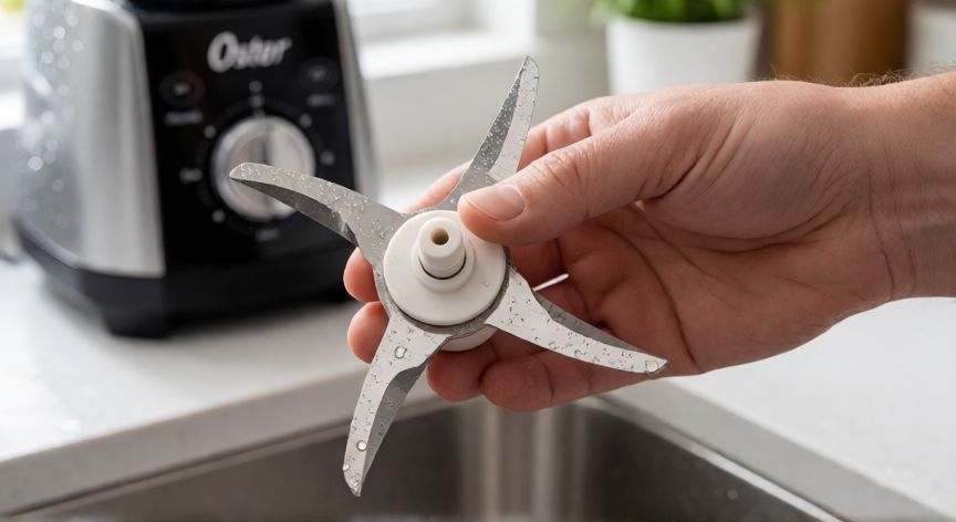 como cambiar el kit para licuadora oster, Mano sosteniendo el kit de cuchillas de una licuadora Oster sobre un fregadero