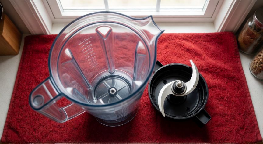 como cambiar el kit para licuadora oster, Vaso de licuadora abierto con el kit de cuchillas retirado sobre una toalla