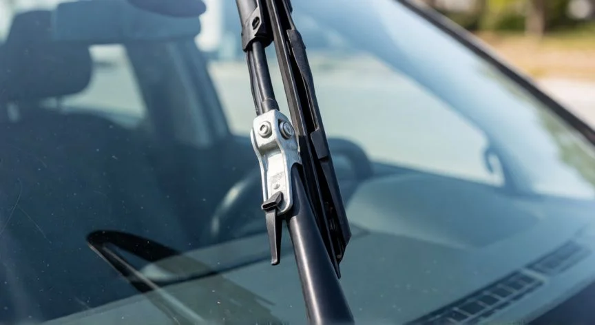 Manos instalando una escobilla nueva en el brazo del limpiaparabrisas sobre el parabrisas del coche