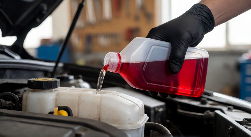 como cambiar el liquido de frenos, Mechánico rellenando el depósito de líquido de frenos