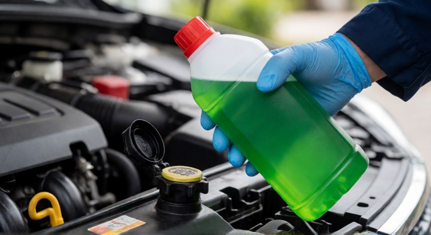 como cambiar el liquido refrigerante, Mecánico sosteniendo líquido refrigerante verde junto al radiador del coche