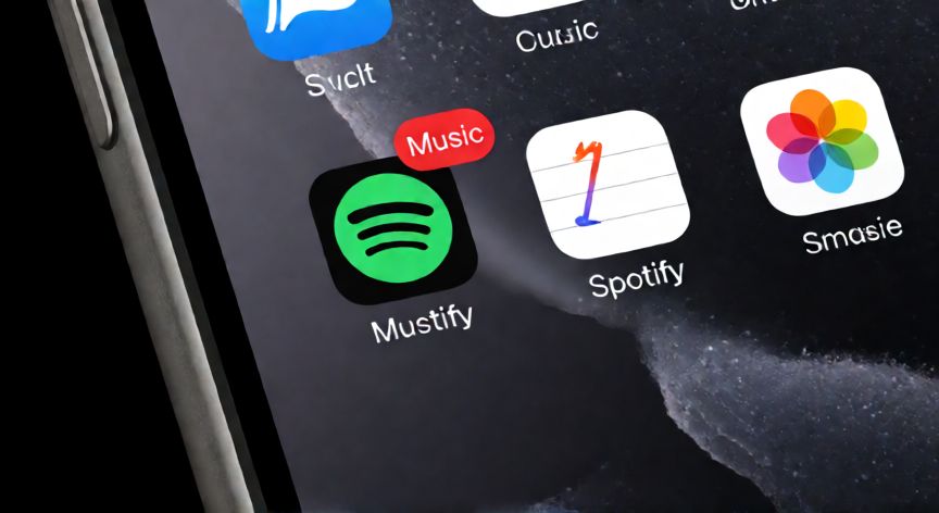 como cambiar el logo de spotify, Pantalla de iPhone con una carpeta abierta mostrando la aplicación de Spotify estándar