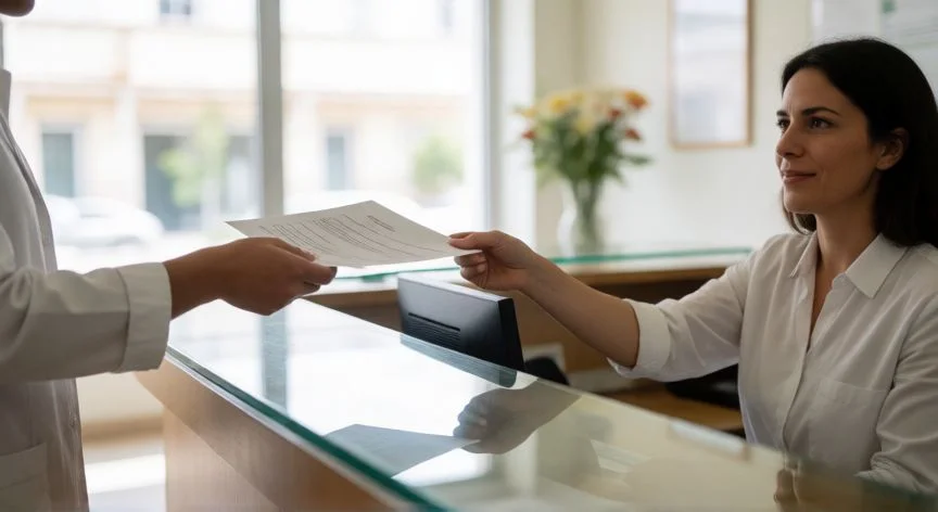 Persona entregando documentación en la recepción de un centro de salud español