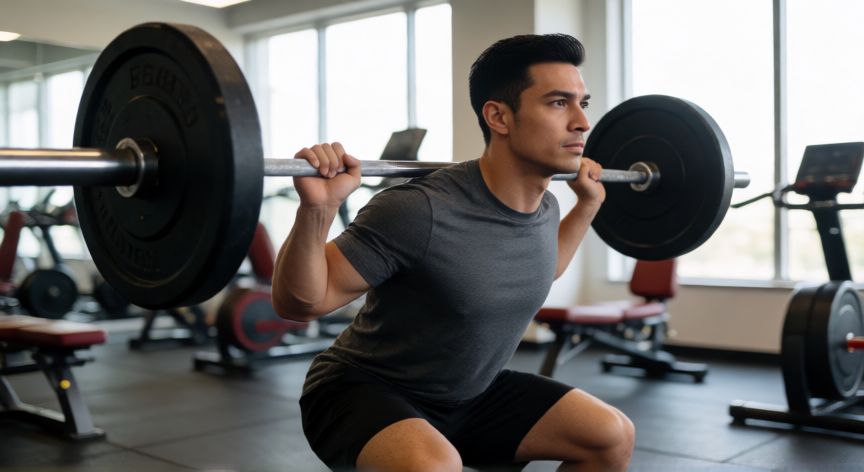 Hombre realizando sentadillas con barra en el gimnasio para ganar masa muscular