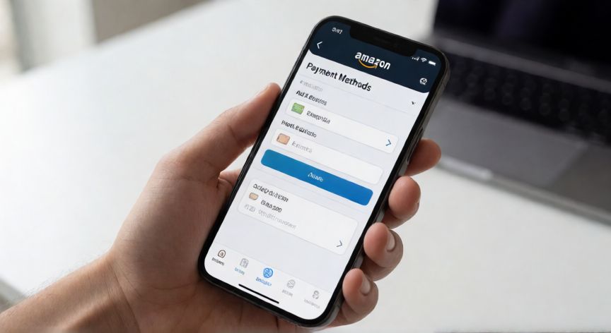 como cambiar el metodo de pago en amazon, Teléfono móvil mostrando la sección de métodos de pago en la aplicación de Amazon