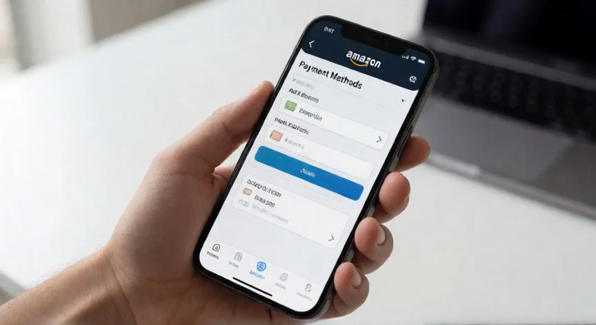 Teléfono móvil mostrando la sección de métodos de pago en la aplicación de Amazon