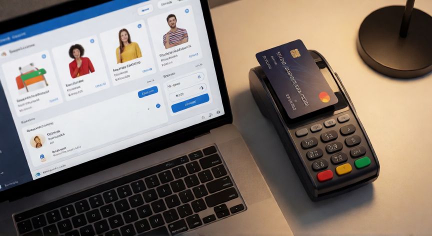 como cambiar el metodo de pago en amazon, Tarjeta de crédito siendo insertada en un lector junto a una laptop con página de compra