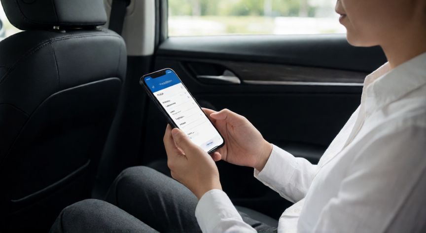 como cambiar el metodo de pago en cabify, Pasajero revisando su método de pago en el móvil dentro de un coche Cabify