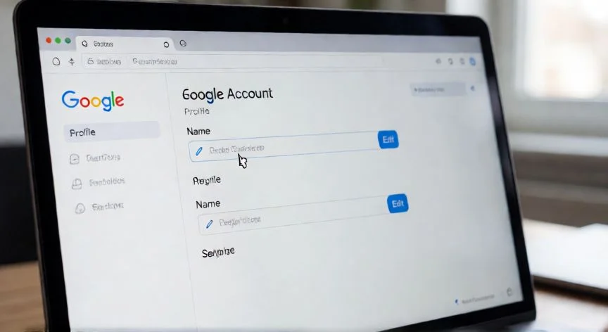 Pantalla de ordenador mostrando la edición del nombre en la cuenta de Google
