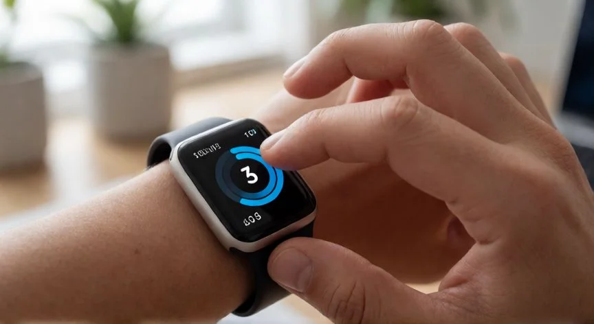 Persona ajustando la meta de pasos en la pantalla de su reloj inteligente Apple Watch