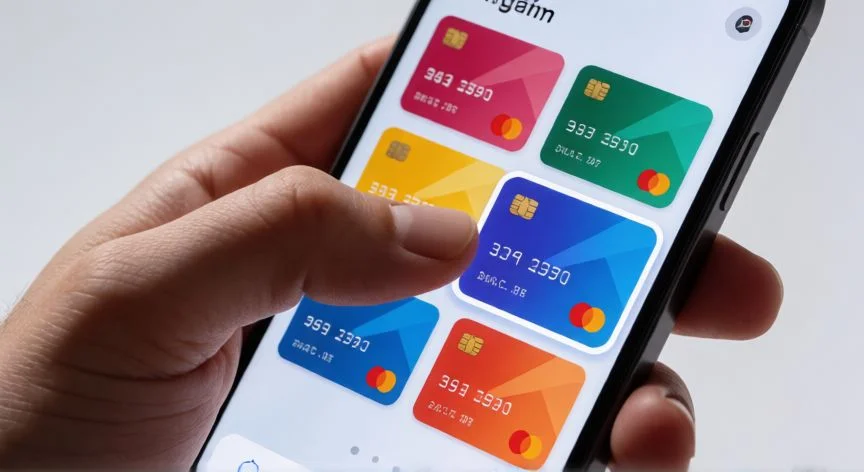 Mano sosteniendo un smartphone reordenando tarjetas en la aplicación Wallet