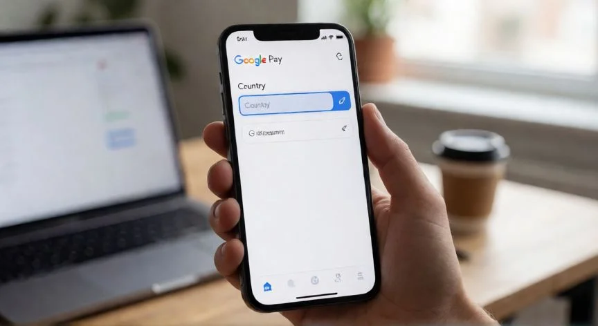 Pantalla del móvil mostrando la opción para cambiar el país en las configuraciones de pago de Google
