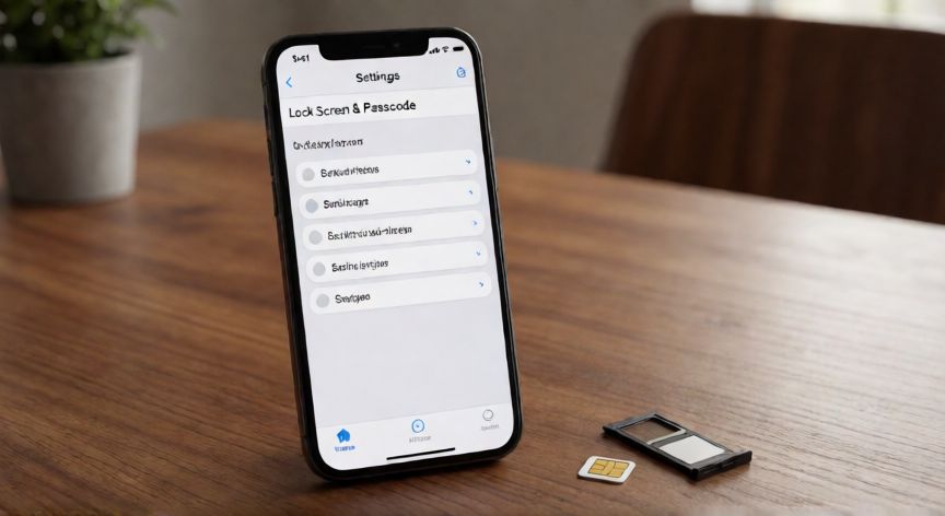 como cambiar el pin de la sim, iPhone y tarjeta SIM sobre una mesa de madera