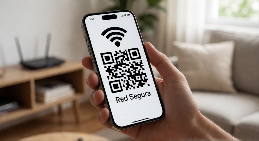 Smartphone mostrando un código QR de WiFi en una sala de estar moderna
