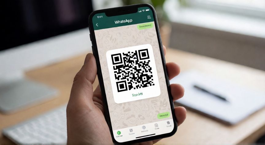 Teléfono móvil mostrando el código QR de WhatsApp en la pantalla para vincular dispositivos