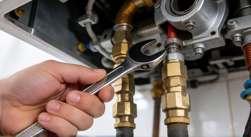 Técnico desconectando la manguera de gas del quemador