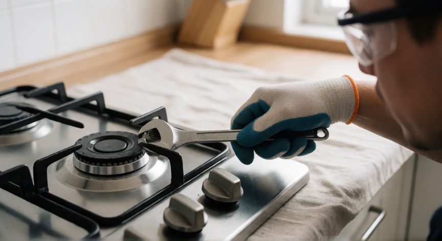Técnico desconectando la línea de gas de un quemador con guantes de seguridad