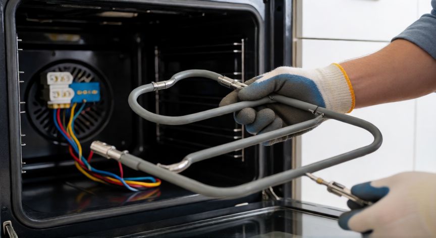 como cambiar el quemador del horno, Técnico preparando la instalación de un nuevo quemador en el interior de un horno