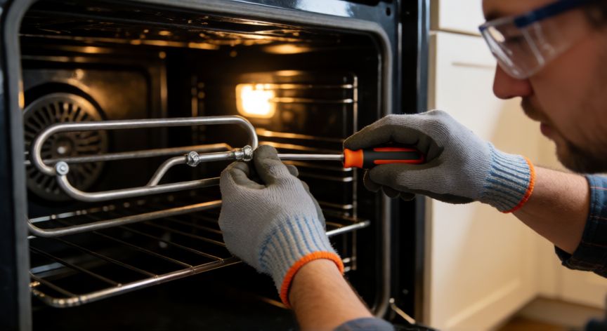 Persona retirando la resistencia del horno con guantes térmicos