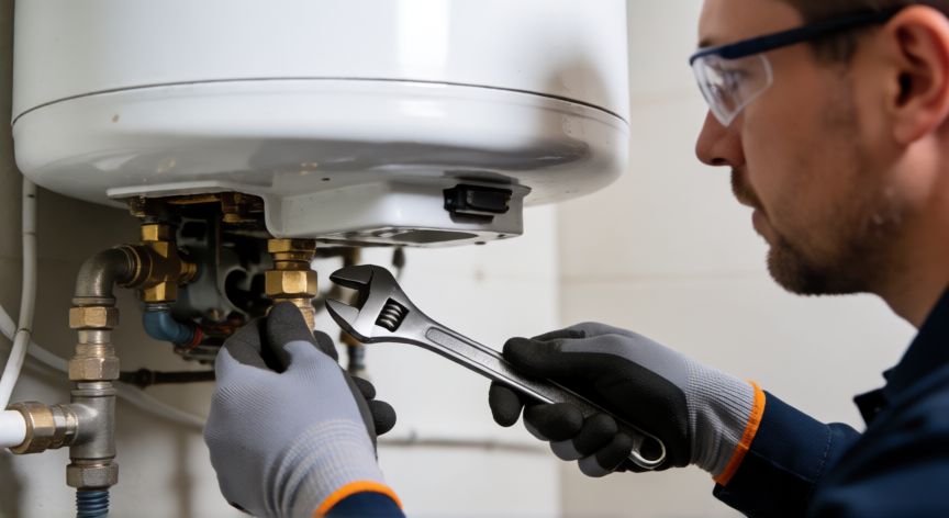 Técnico desmontando tubería del quemador de un termoacumulador