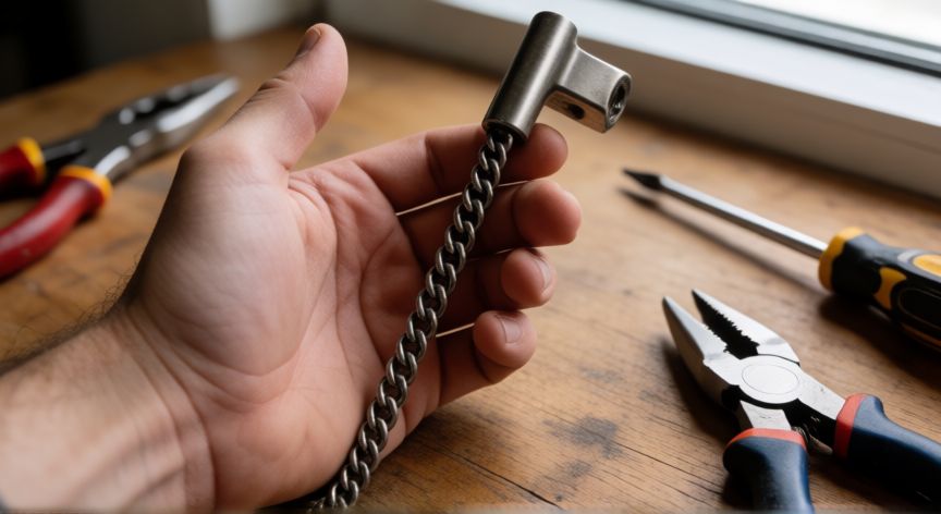 Tirador de cadena metálica para persiana sobre mesa de trabajo con herramientas