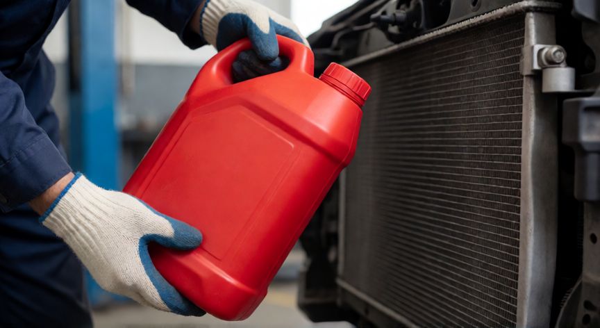 Mecánico sosteniendo una botella de refrigerante rojo junto al radiador del coche