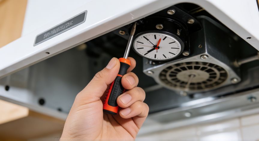 Técnico desmontando el reloj de una depuradora con destornillador