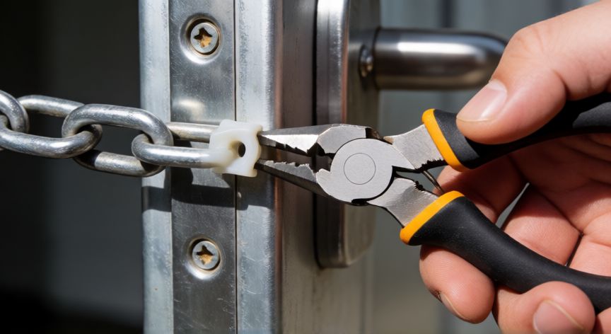 Retirando el resbalón antiguo de una puerta blindada con alicates