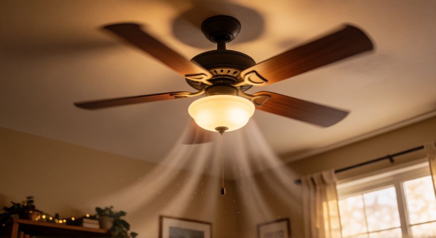como cambiar el sentido de giro de un ventilador de techo, Vista cenital de un ventilador de techo operando en modo invierno con aire descendente