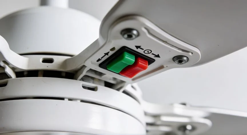 Detalle del interruptor de cambio de sentido en el brazo de un ventilador de techo