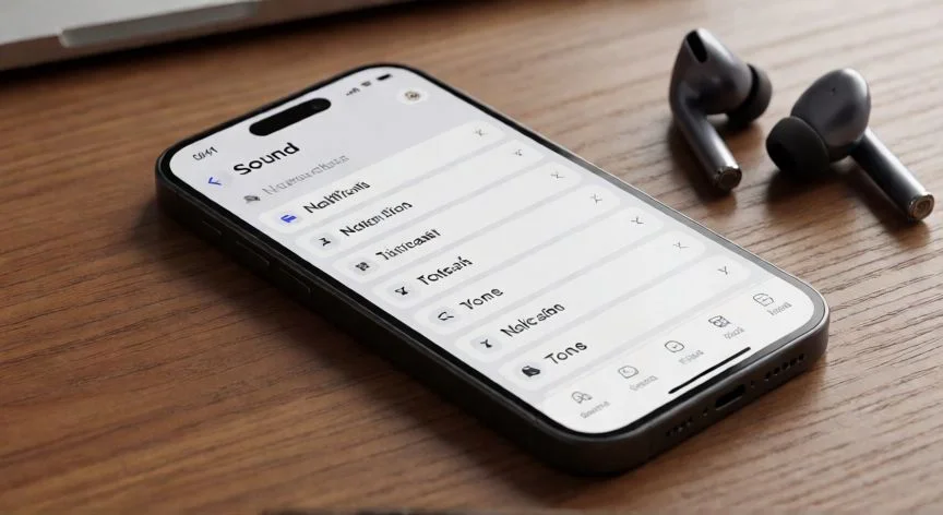 Pantalla de configuración de sonidos en un smartphone sobre escritorio