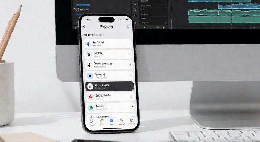 como cambiar el sonido de llamada, iPhone mostrando la selección de tonos de llamada personalizados junto a un ordenador