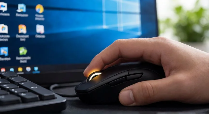 Mano usando la rueda del ratón con tecla Ctrl para cambiar tamaño de iconos en Windows
