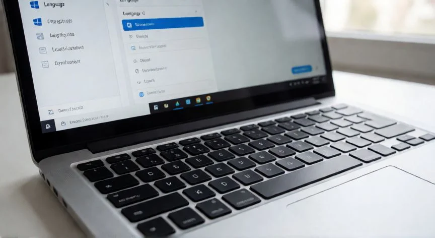 Teclado español con la tecla ñ iluminada y pantalla con configuración de idioma de Windows
