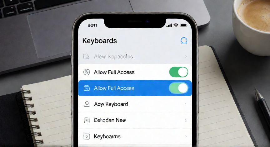 como cambiar el teclado del movil, Interfaz de ajustes de iOS en un iPhone mostrando la lista de teclados disponibles y la opción de acceso completo