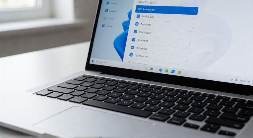 Pantalla de configuración de idioma y teclado en Windows 11 vista en un portátil moderno