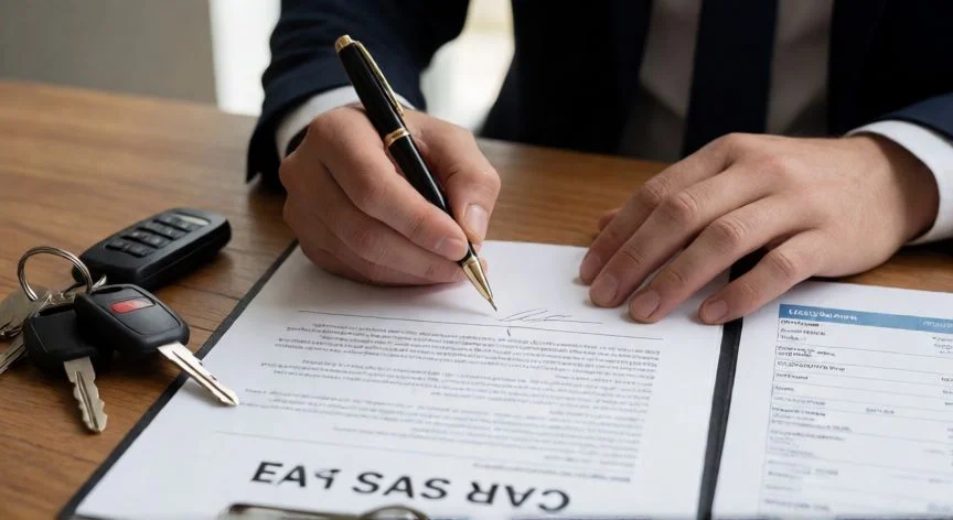 Firma del contrato de compraventa de un vehículo con llaves al lado