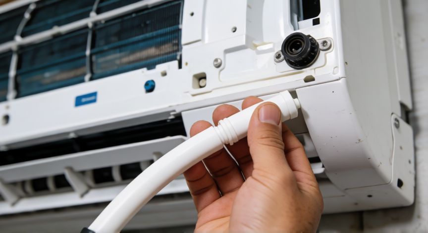 como cambiar el tubo de desague del aire acondicionado, Técnico conectando el tubo de desagüe nuevo en la unidad interior del aire acondicionado