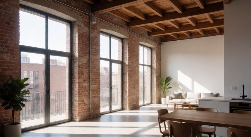 como cambiar el uso de almacen a vivienda, Interior de un antiguo almacén convertido en vivienda moderna con grandes ventanales y estilo industrial