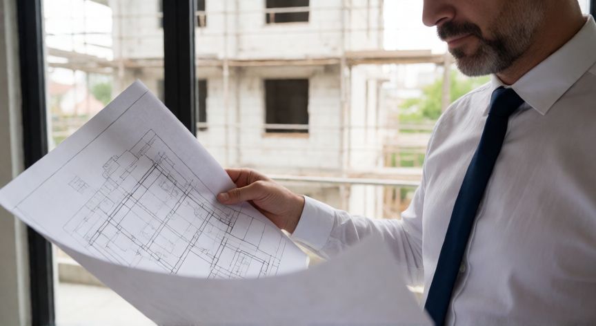como cambiar el uso de almacen a vivienda, Arquitecto revisando planos de obra para la reforma de un local en vivienda