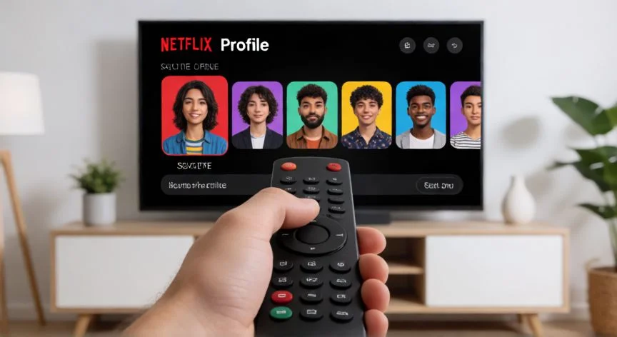 Selección de perfiles de usuario en la pantalla principal de Netflix en un televisor