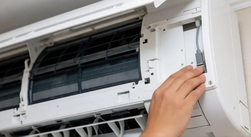 Técnico abriendo el panel frontal de un aire acondicionado para acceder al ventilador