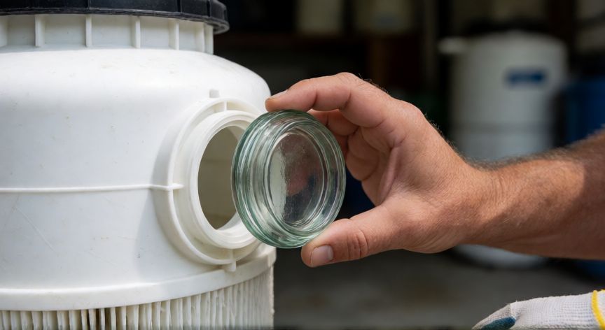 Manos retirando el cristal de inspección del filtro de la piscina