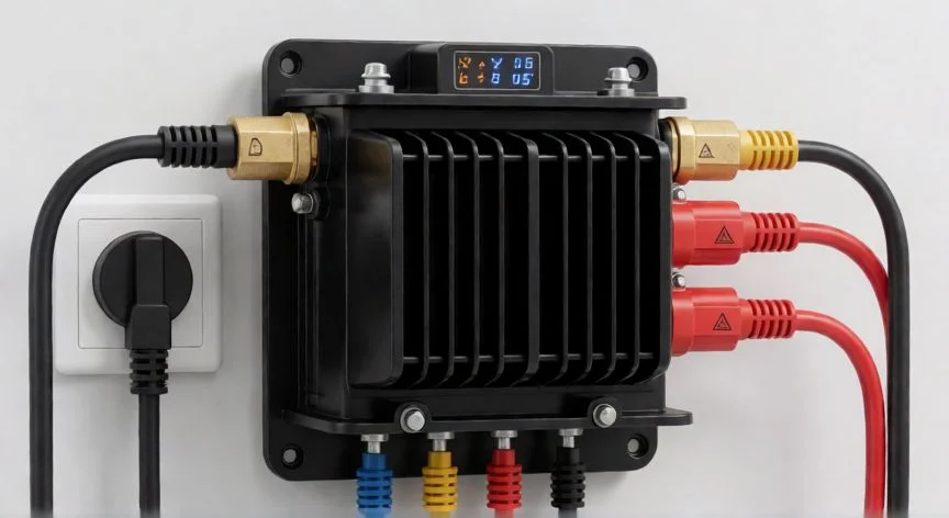 Transformador eléctrico de tensión conectado a una toma de corriente